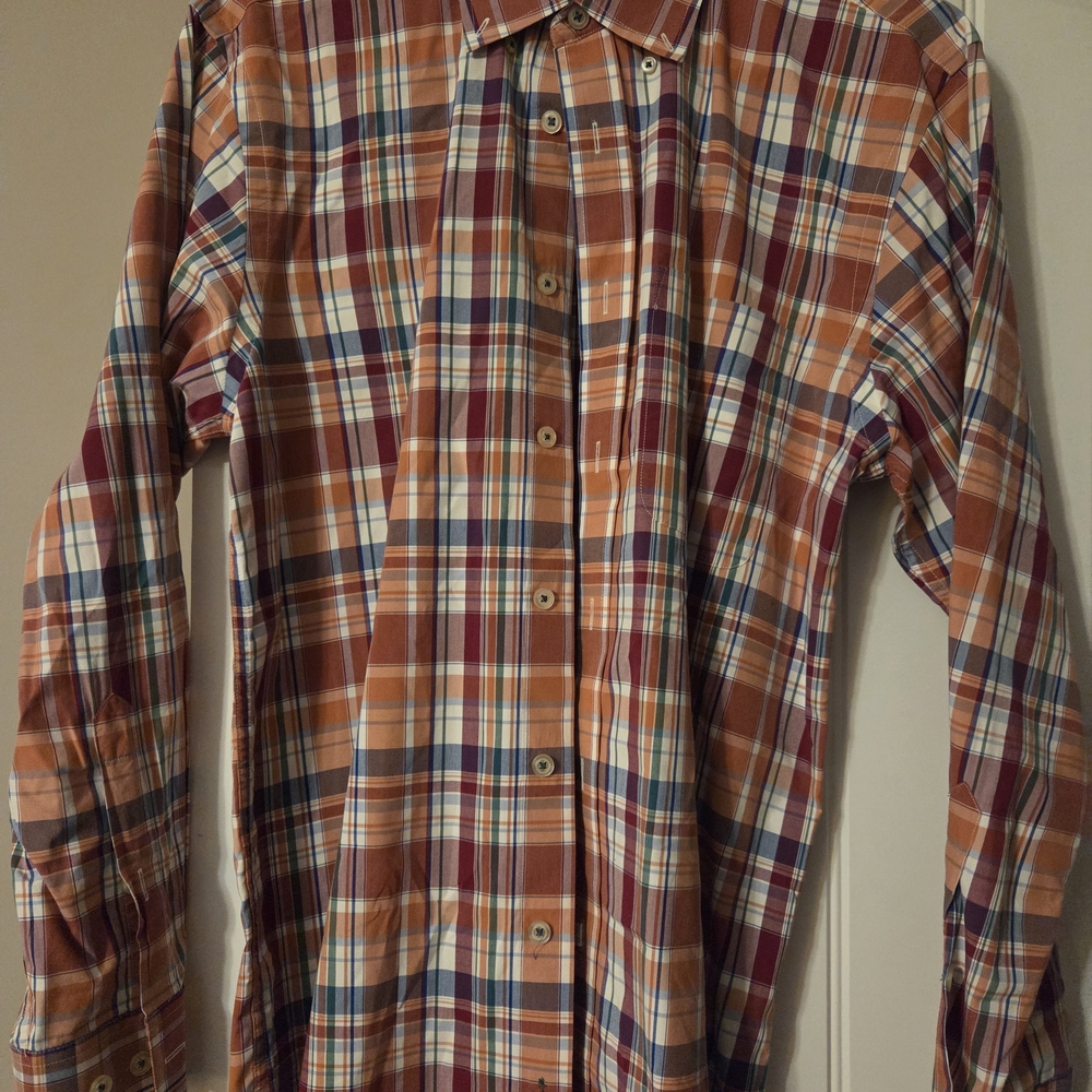 Orvis Men's Orange and Blue Plaid Button Down Shirt